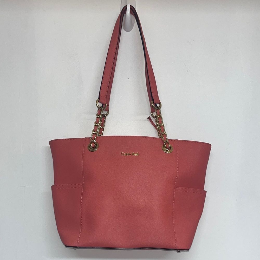 Calvin Klein Saffiano Coral Leather Tote w/ Gold Hardware, #ck #contemporary